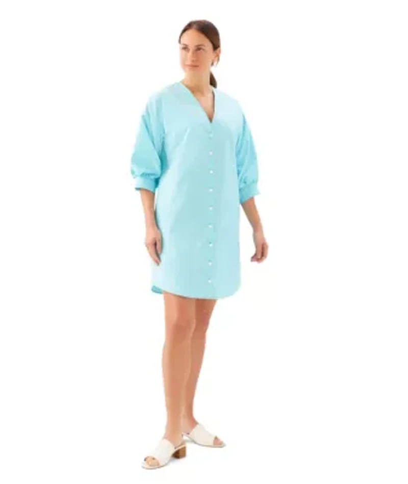 Lantern Sleeve Pearl Button Dress