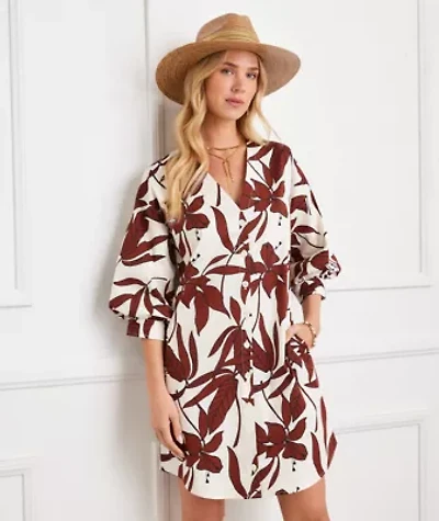 Lantern Sleeve Button-Front Dress