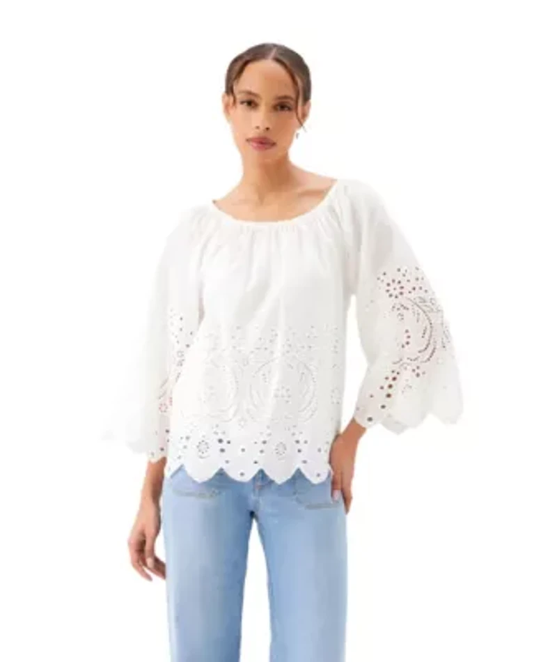 Cut-Out Embroidery Flare Sleeve Peasant Top