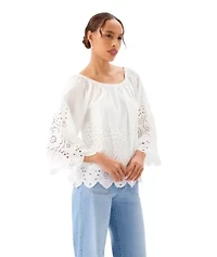 Cut-Out Embroidery Flare Sleeve Peasant Top