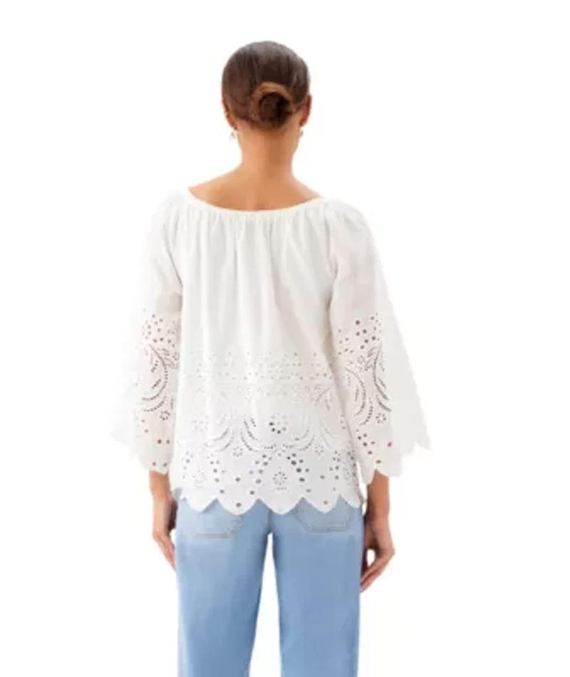Cut-Out Embroidery Flare Sleeve Peasant Top
