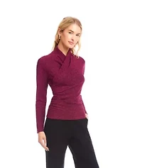 Long Sleeve Metallic Crossover Side-Shirred Top