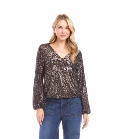 Blouson Sleeve Sequin V-Neck Top
