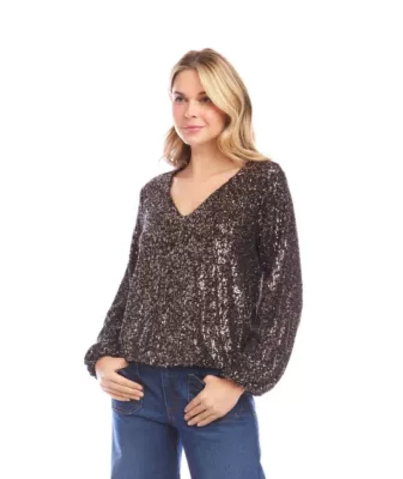 Blouson Sleeve Sequin V-Neck Top