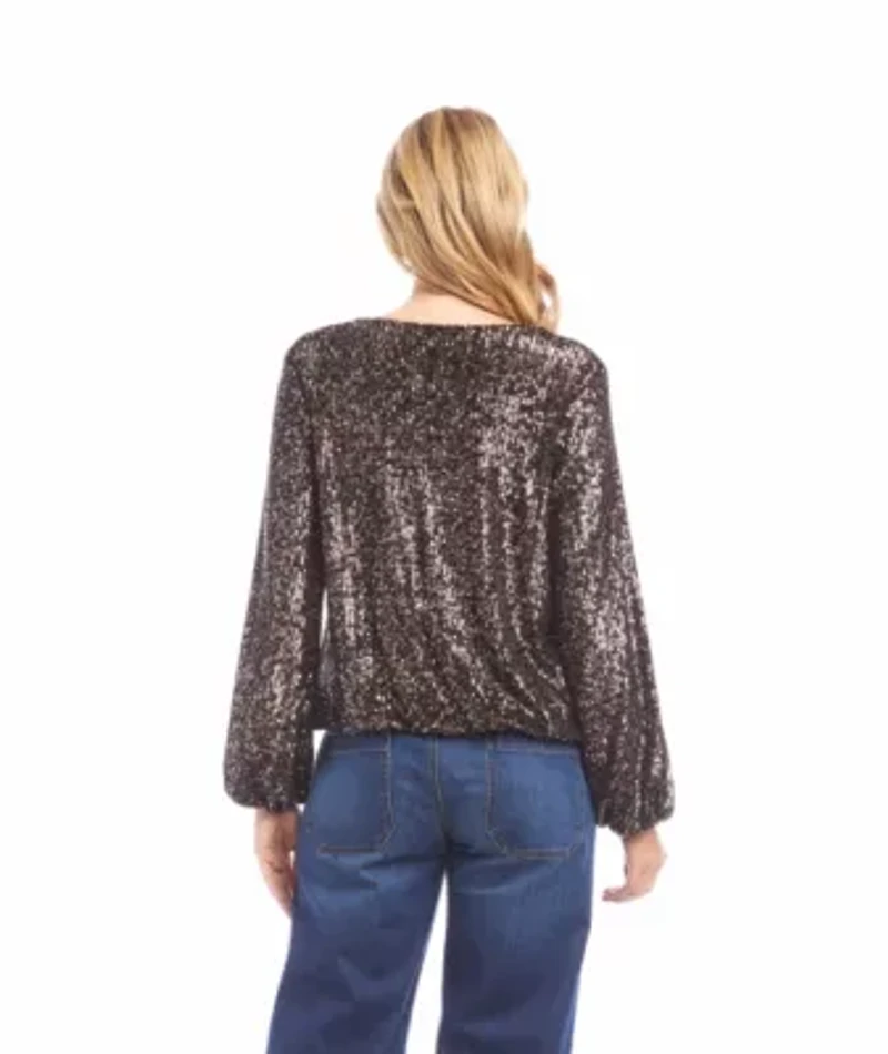 Blouson Sleeve Sequin V-Neck Top