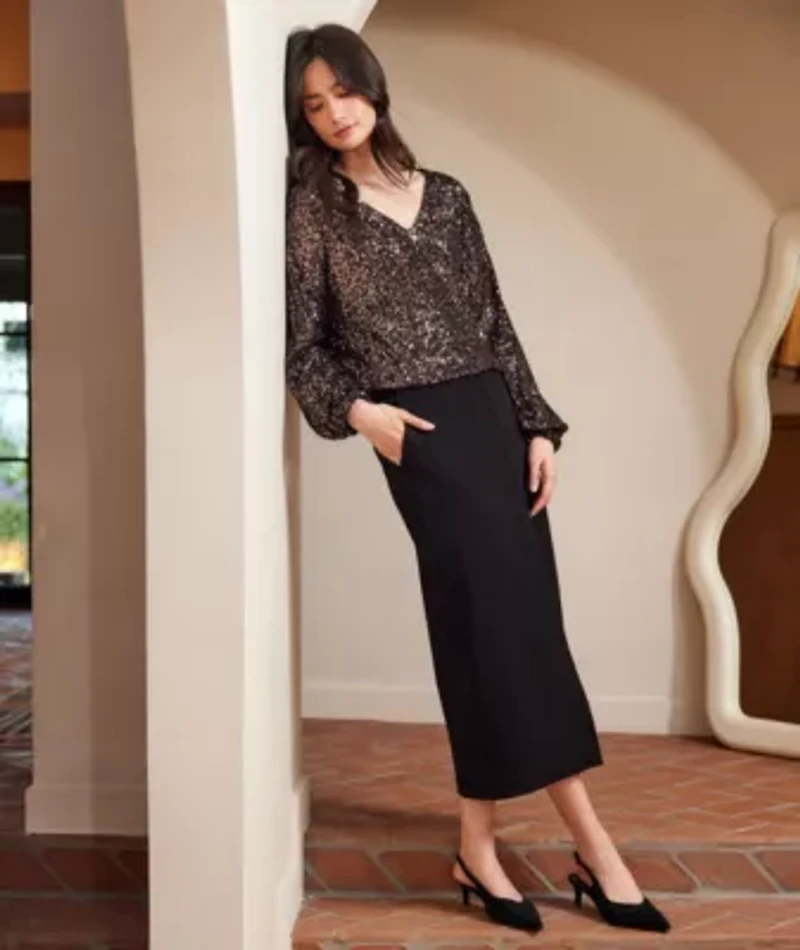 Blouson Sleeve Sequin V-Neck Top