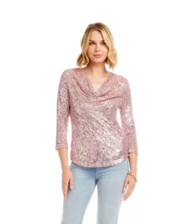 3/4 Sleeve Drape Front Sequin Top