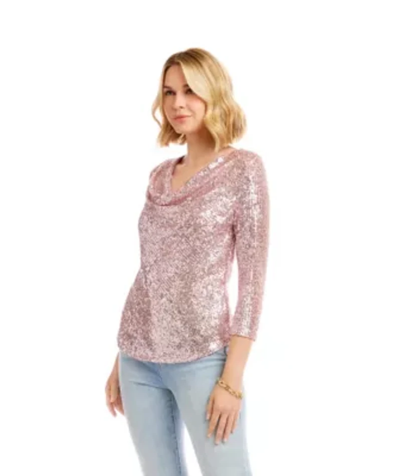 3/4 Sleeve Drape Front Sequin Top