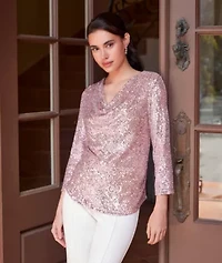 3/4 Sleeve Drape Front Sequin Top