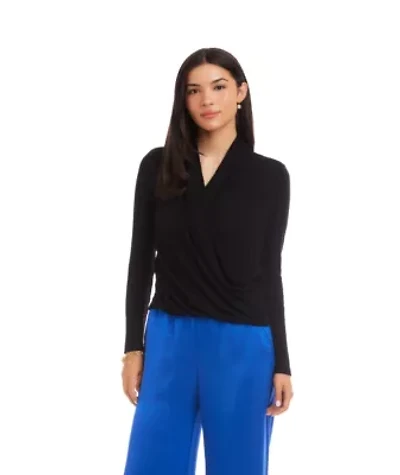 Long Sleeve Ribbed Drape Front Crossover Top