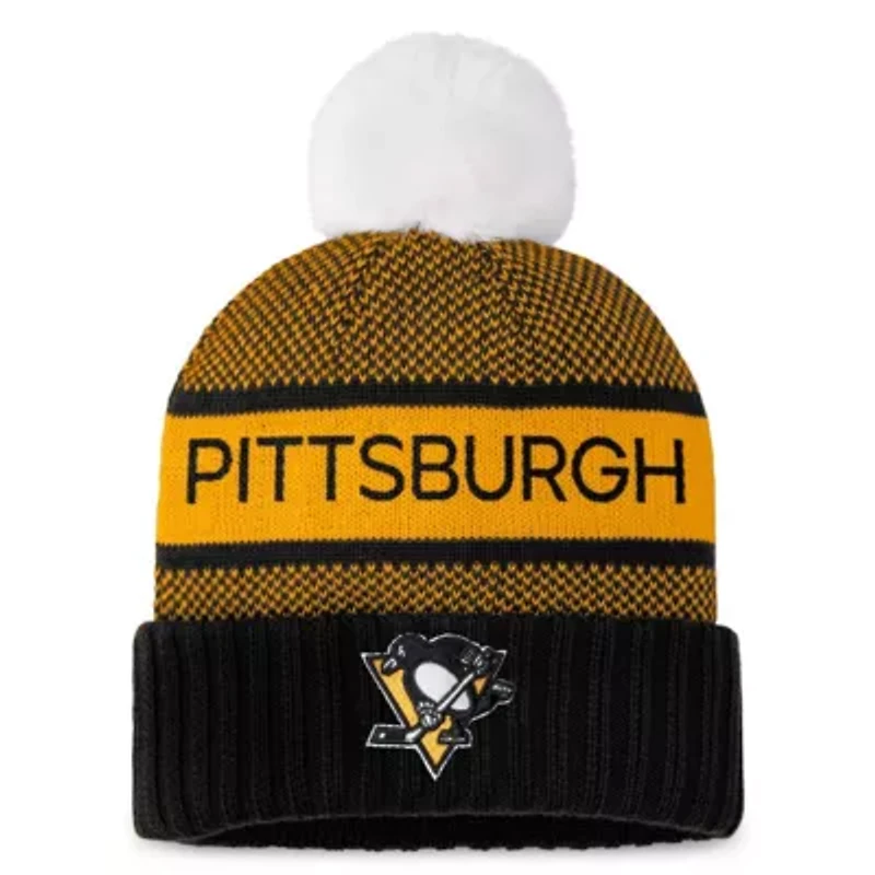 NHL Fanatics Black/Gold Pittsburgh Penguins Authentic Pro Rink Cuffed Knit Hat with Pom