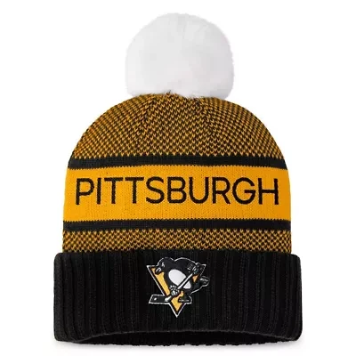 NHL Fanatics Black/Gold Pittsburgh Penguins Authentic Pro Rink Cuffed Knit Hat with Pom