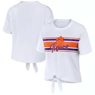 NCAA Clemson Tigers Striped Front Knot Cropped T-Shirt