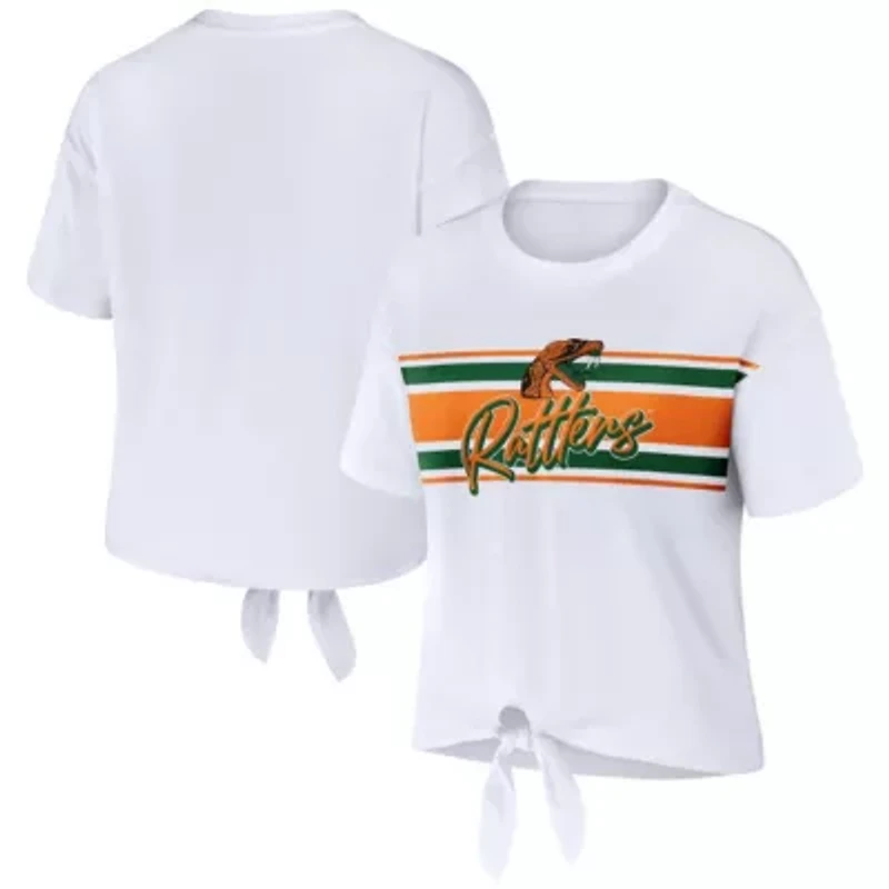NCAA Florida A&M Rattlers Striped Front Knot Cropped T-Shirt