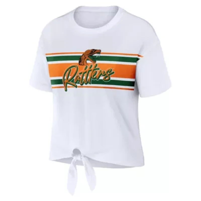 NCAA Florida A&M Rattlers Striped Front Knot Cropped T-Shirt