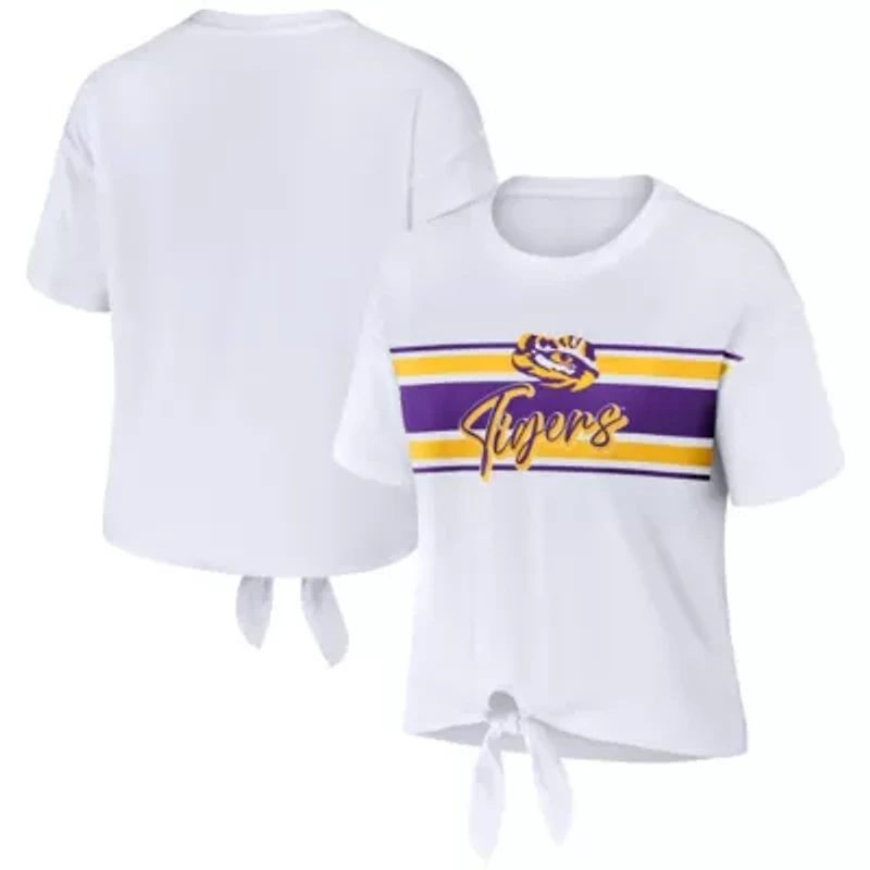 NCAA LSU Tigers Striped Front Knot Cropped T-Shirt