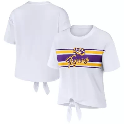 NCAA LSU Tigers Striped Front Knot Cropped T-Shirt