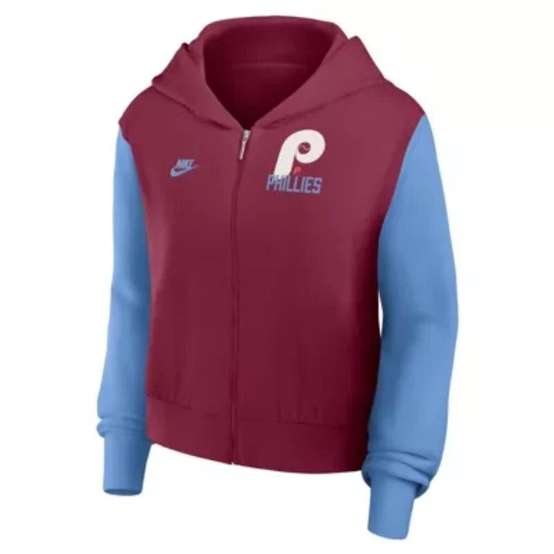 MLB Nike Burgundy/Light Philadelphia Phillies Cooperstown Collection Cropped Full-Zip Hoodie