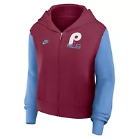 MLB Nike Burgundy/Light Philadelphia Phillies Cooperstown Collection Cropped Full-Zip Hoodie