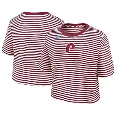 MLB Nike Burgundy/Cream Philadelphia Phillies Cooperstown Collection Striped Cropped T-Shirt
