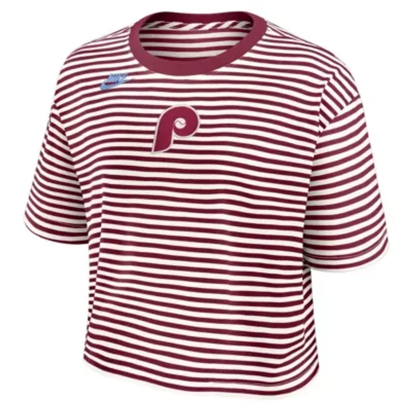 MLB Nike Burgundy/Cream Philadelphia Phillies Cooperstown Collection Striped Cropped T-Shirt