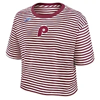 MLB Nike Burgundy/Cream Philadelphia Phillies Cooperstown Collection Striped Cropped T-Shirt