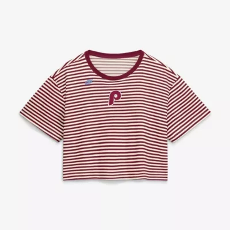 MLB Nike Burgundy/Cream Philadelphia Phillies Cooperstown Collection Striped Cropped T-Shirt