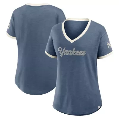 MLB Fanatics New York Yankees Relaxed Fit Vintage Play Slub V-Neck Fashion Top