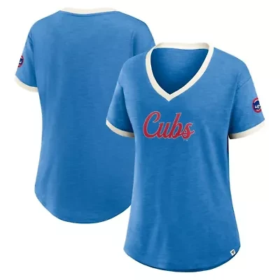 MLB Fanatics Chicago Cubs Relaxed Fit Vintage Play​ Slub V-Neck Fashion Top