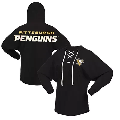 NHL Fanatics Pittsburgh Penguins Jersey Lace-Up V-Neck Long Sleeve Hoodie T-Shirt