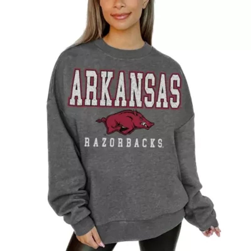 NCAA Arkansas Razorbacks Oversized Distressed Fleece Pullover Sweatshirt