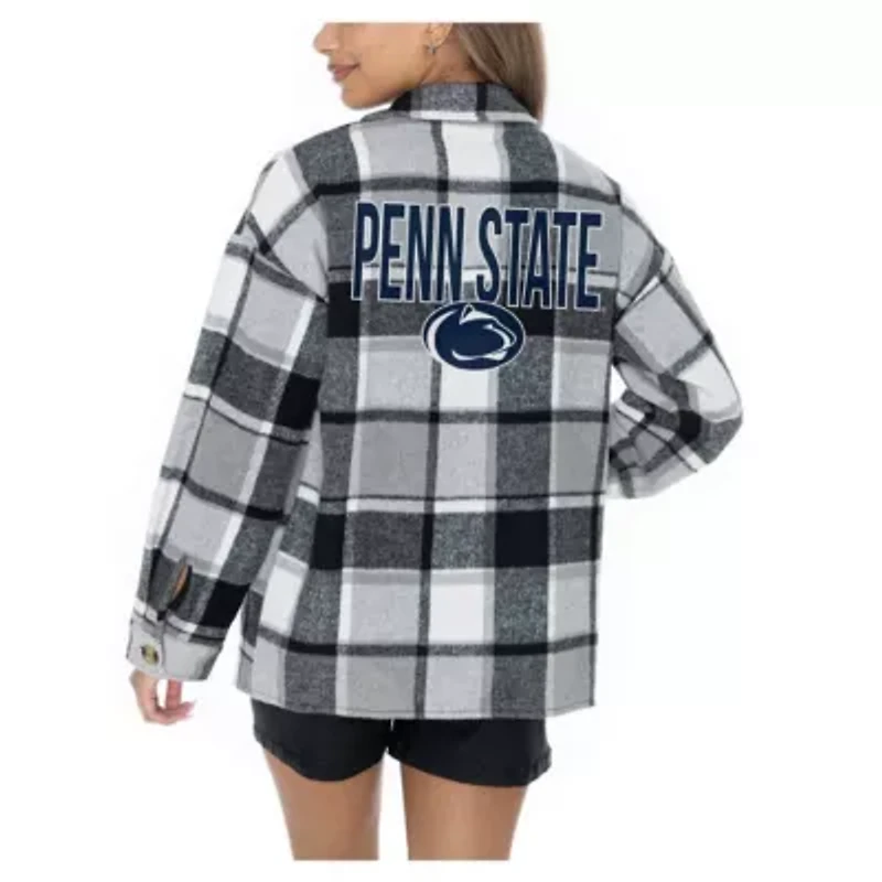 NCAA Grey Penn State Nittany Lions Long Sleeve Brushed Plaid Button-Up Overshirt Jacket