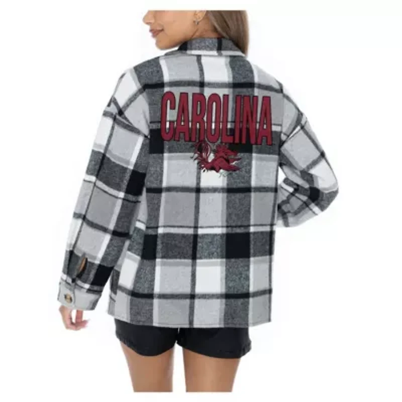 NCAA Grey South Carolina Gamecocks Long Sleeve Brushed Plaid Button-Up Overshirt Jacket