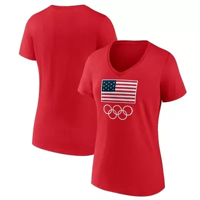 Olympics Fanatics Team USA Flag and Rings V-Neck T-Shirt