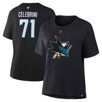 NHL Fanatics Macklin Celebrini San Jose Sharks Authentic Stack Name & Number T-Shirt