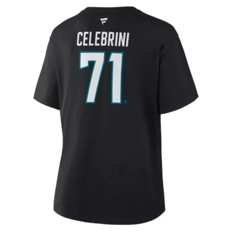 NHL Fanatics Macklin Celebrini San Jose Sharks Authentic Stack Name & Number T-Shirt