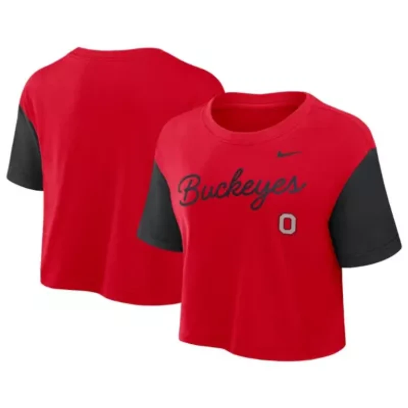 NCAA Nike Ohio State Buckeyes Color-Block Script Dri-FIT Cropped T-Shirt