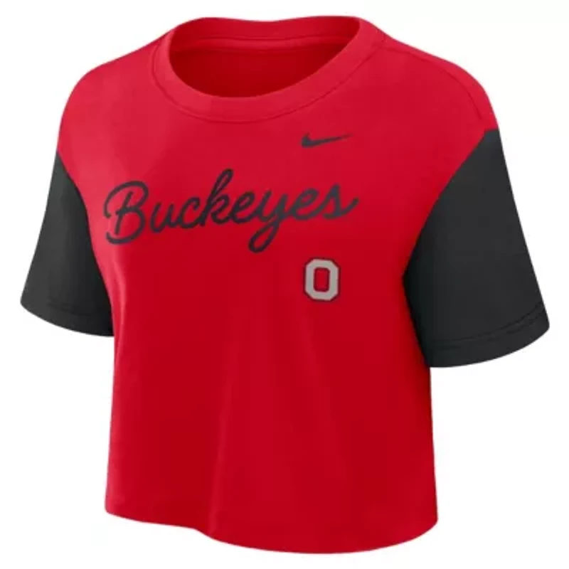 NCAA Nike Ohio State Buckeyes Color-Block Script Dri-FIT Cropped T-Shirt
