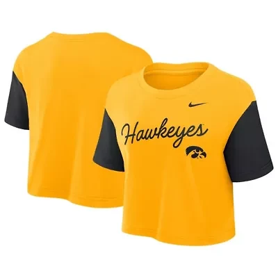 NCAA Nike Iowa Hawkeyes Color-Block Script Dri-FIT Cropped T-Shirt