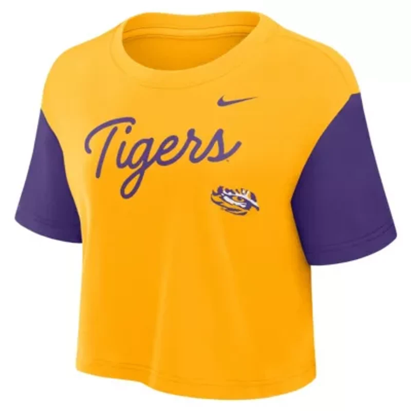 NCAA Nike LSU Tigers Color-Block Script Dri-FIT Cropped T-Shirt