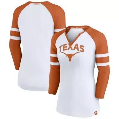 NCAA Fanatics Texas Longhorns Block Party Notch Neck Raglan 3/4 Sleeve Top