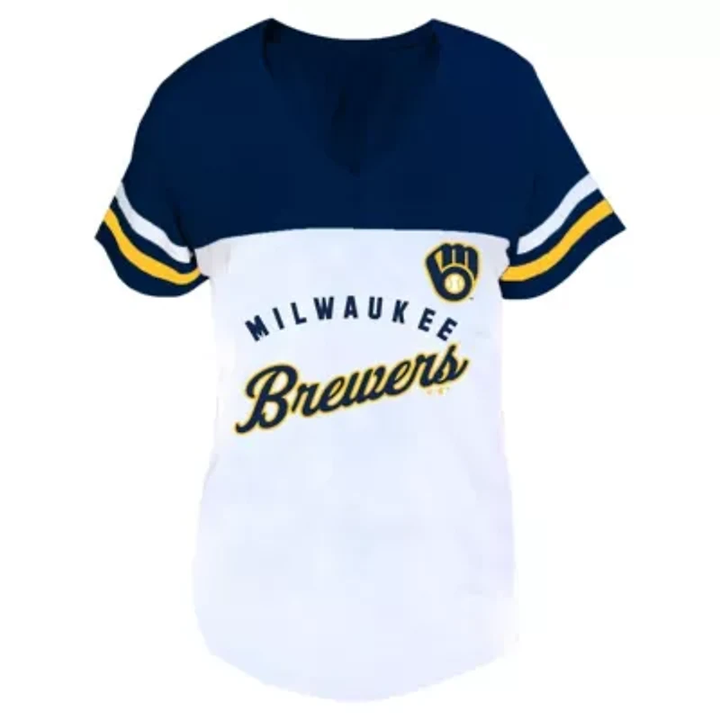 MLB Milwaukee Brewers Plus Two-Stripe V-Neck T-Shirt
