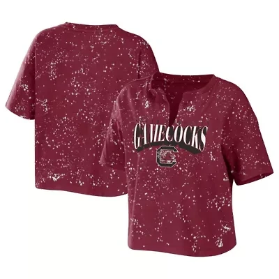 NCAA South Carolina Gamecocks Bleach Wash Splatter Cropped Notch Neck T-Shirt