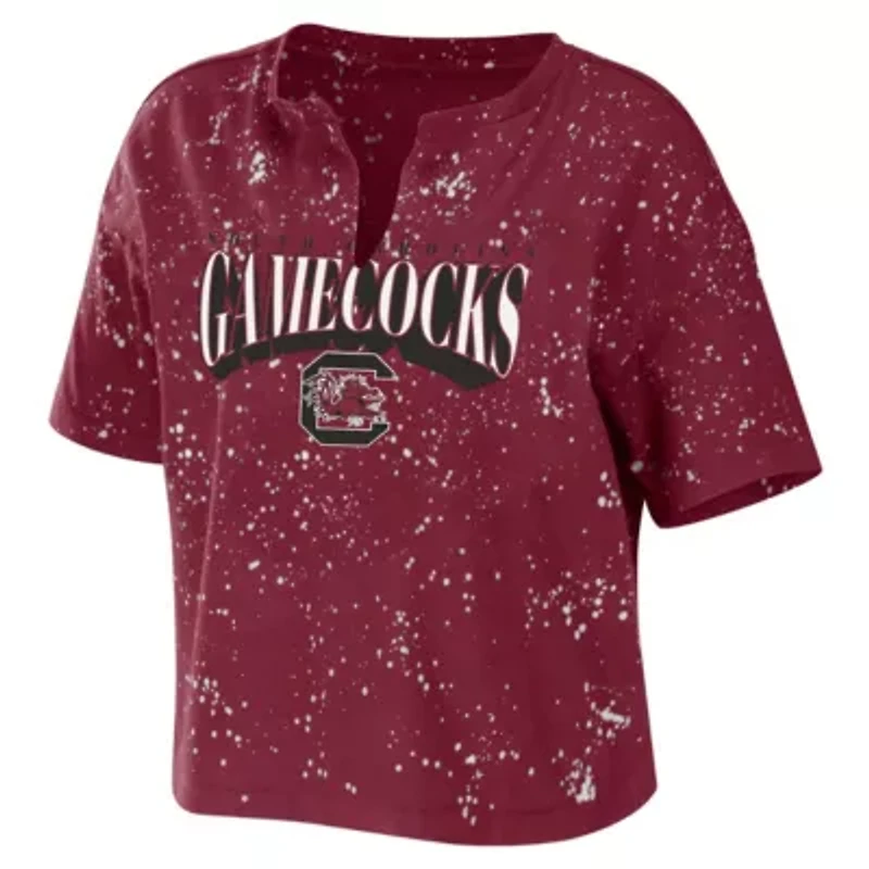 NCAA South Carolina Gamecocks Bleach Wash Splatter Cropped Notch Neck T-Shirt