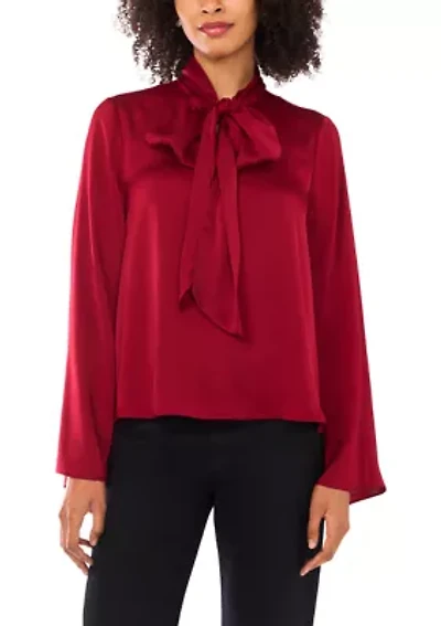 Women's Long Sleeve Blouse with Bow at Center Front