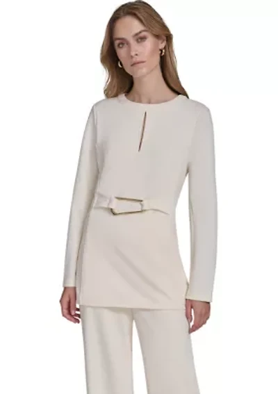 Women's Long Sleeve Split Neck Hardware Waist Tunic