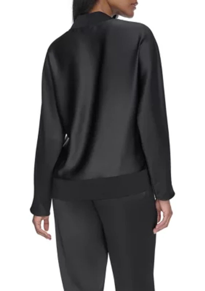 Long Sleeve V-Neck Ribbed Trim Satin Top