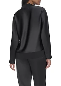 Long Sleeve V-Neck Ribbed Trim Satin Top