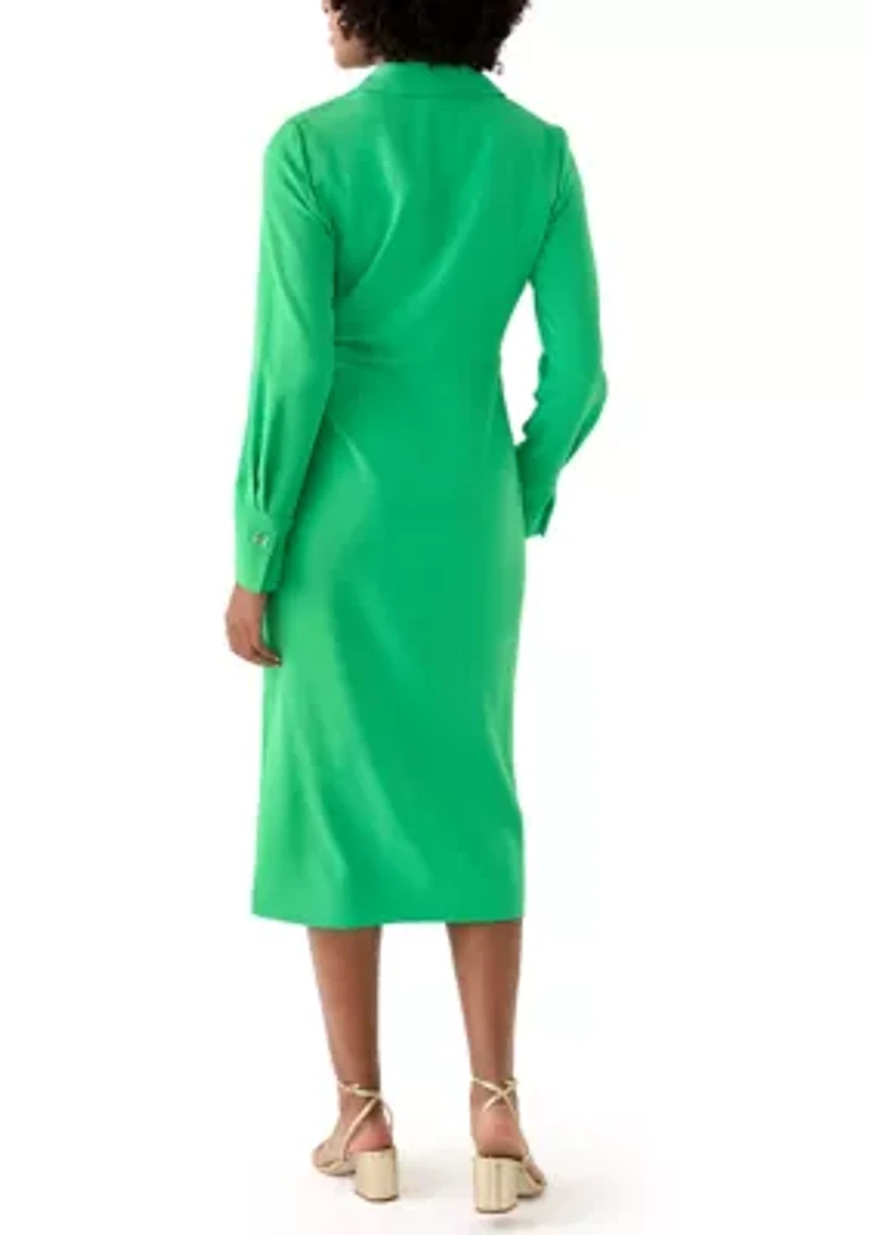 Women's Long Sleeve Button Trim Collar Knit Dress