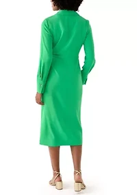 Women's Long Sleeve Button Trim Collar Knit Dress